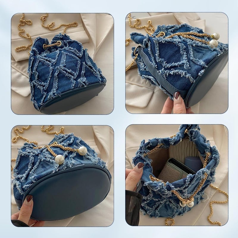 ROBOHOOK Denim Bucket Bag, Denim Purses for Women, Drawstring Jean Crossbody Shoulder Purse Hobo Bag, for Commuting, Shopping, Dating - Image 4